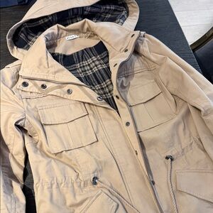 Alice and Olivia beige hooded parka jacket with a plaid lining